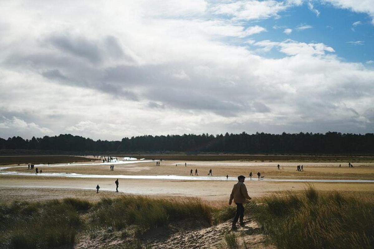 a group of people walking on a beach
