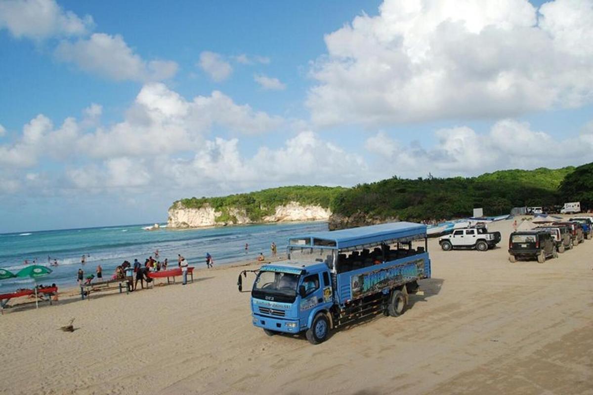 um caminhão azul está estacionado em uma praia