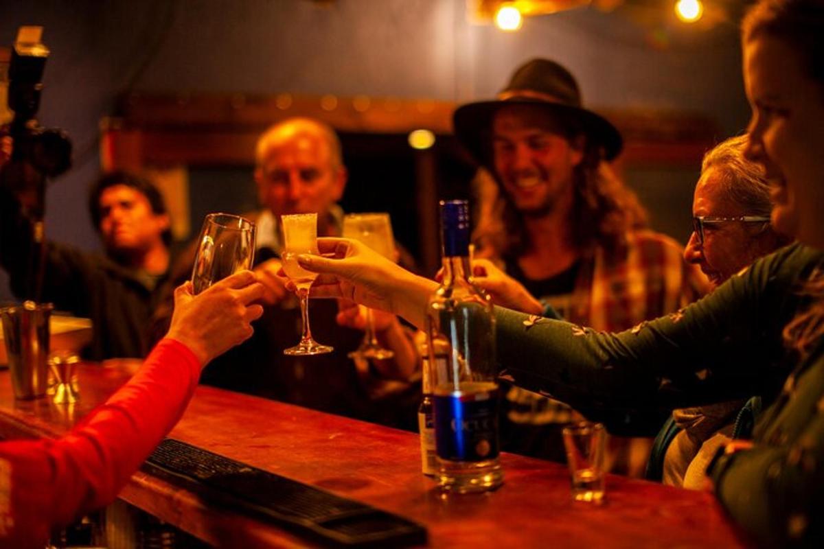 hópur fólks situr við bar og heldur á vínglösum