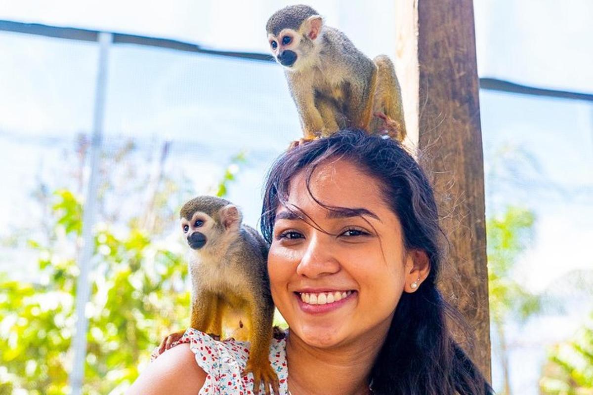 a woman with two monkeys on her head