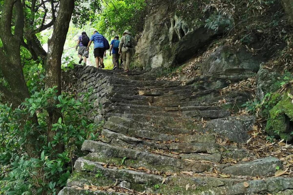 a group of people walking up a stone path