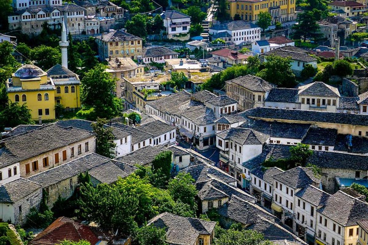 una vista aerea di un villaggio con case e tetti