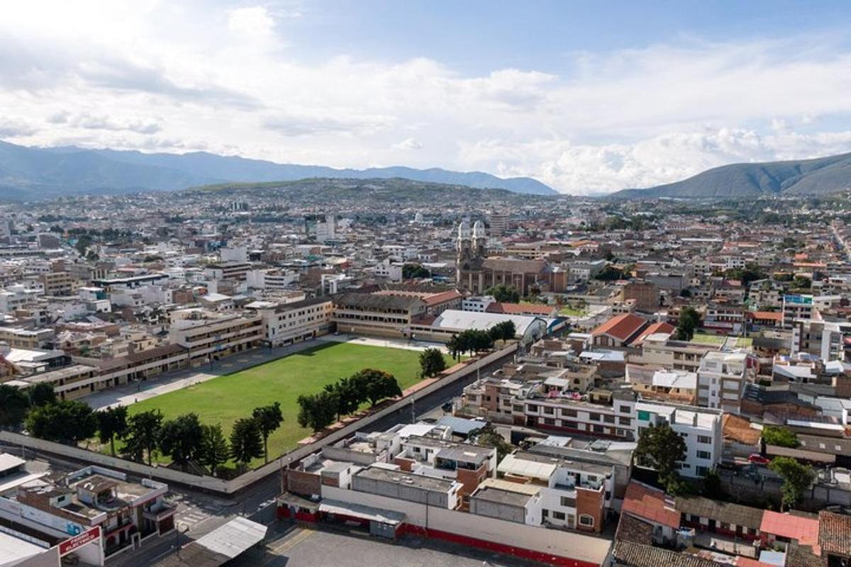 an aerial view of a city with a green field
