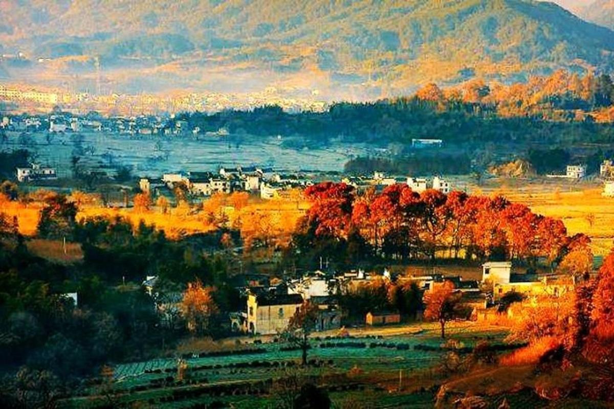 a painting of a town with trees and a mountain