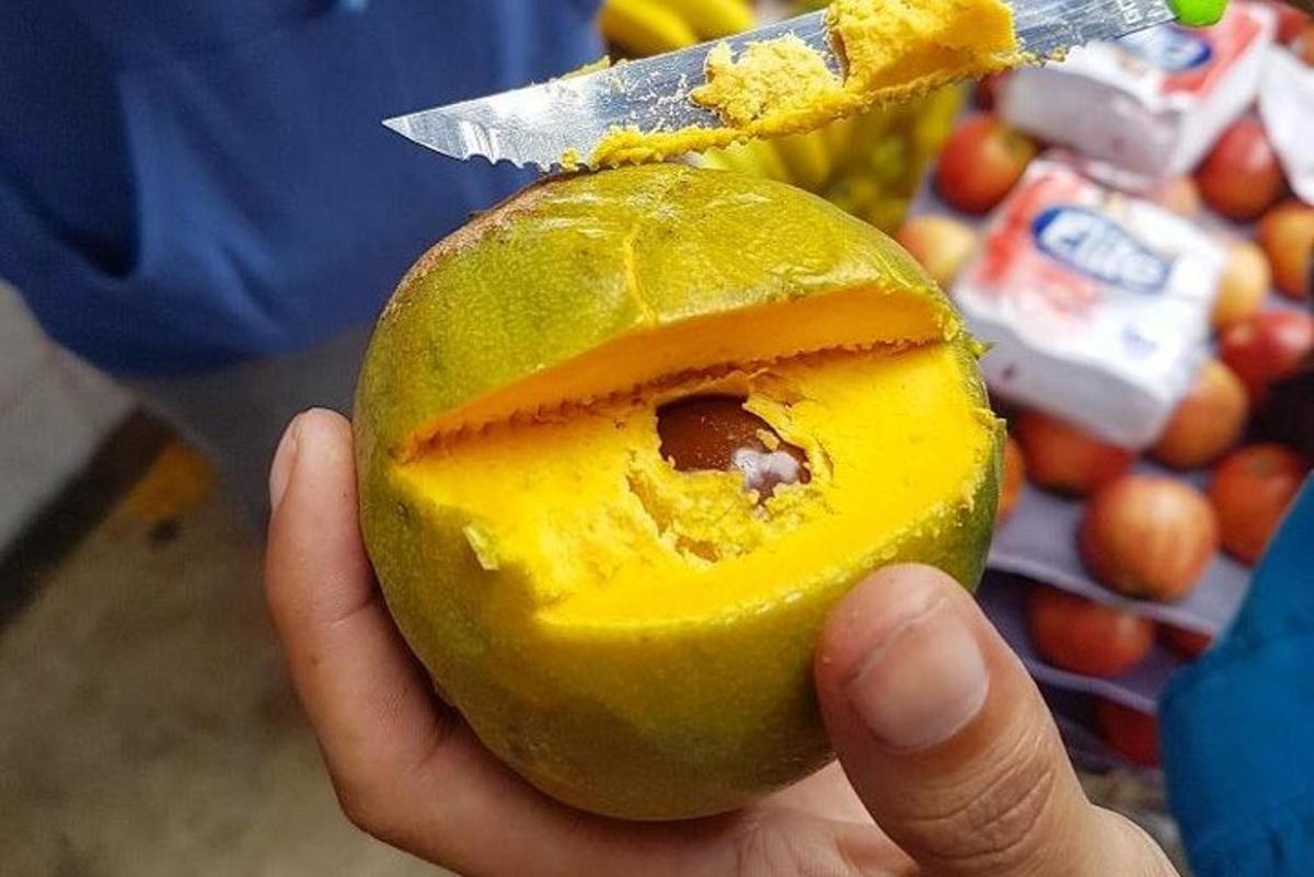 o persoană care ține o bucată de fruct cu un cuțit pe ea