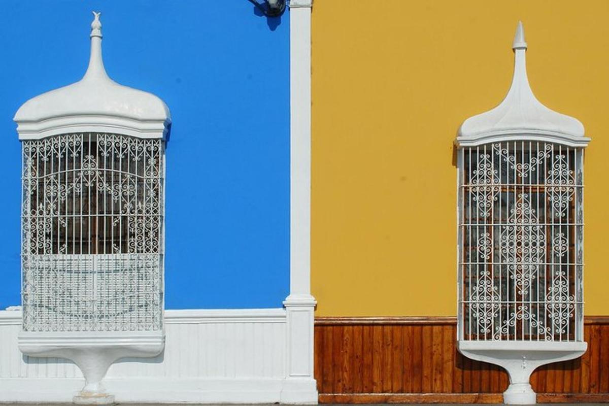 a building with two windows with a bird cage
