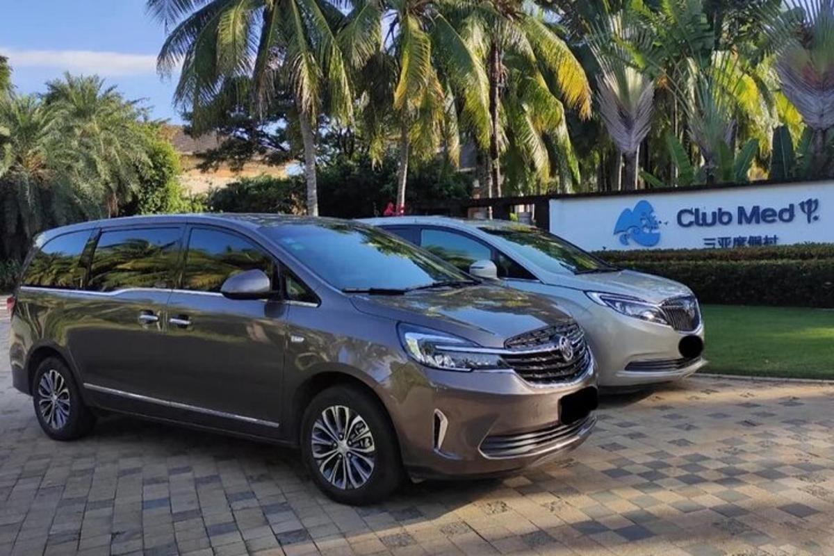 two cars parked in a parking lot with palm trees