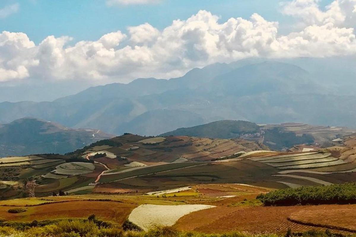 uma vista de um vale com montanhas ao fundo