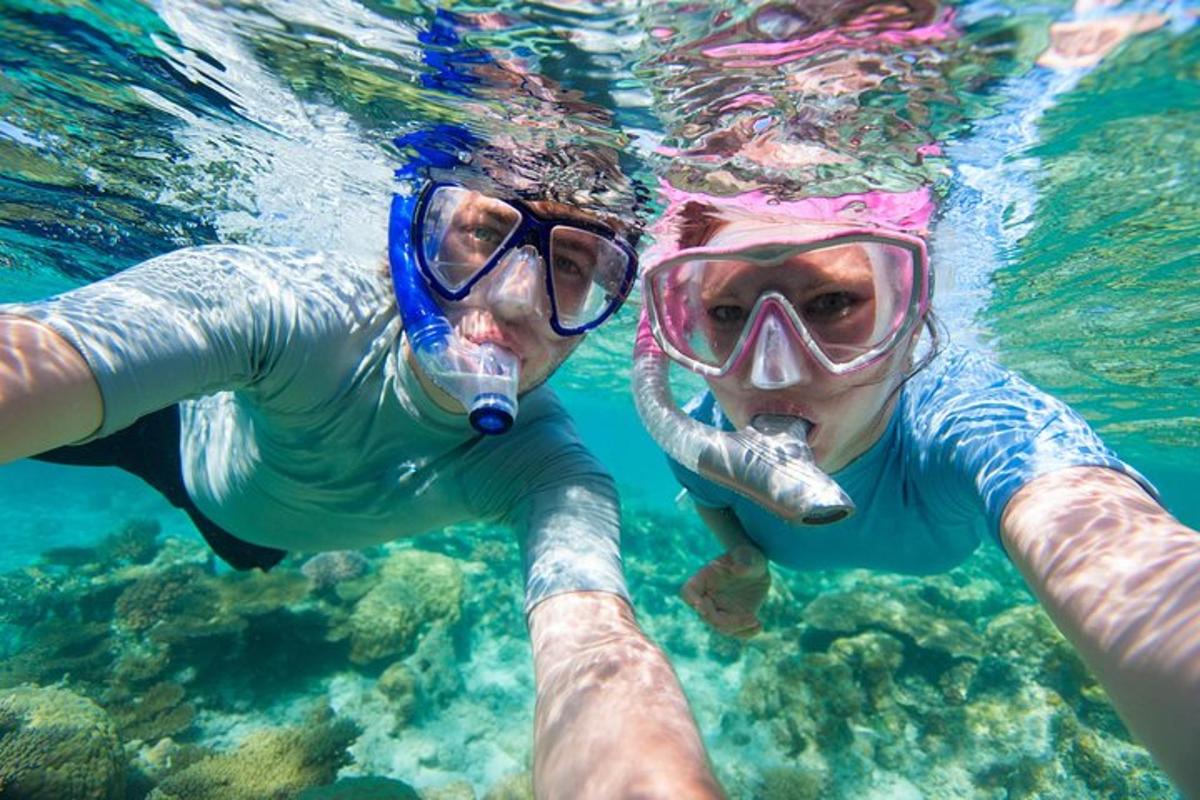 two people are swimming in the water