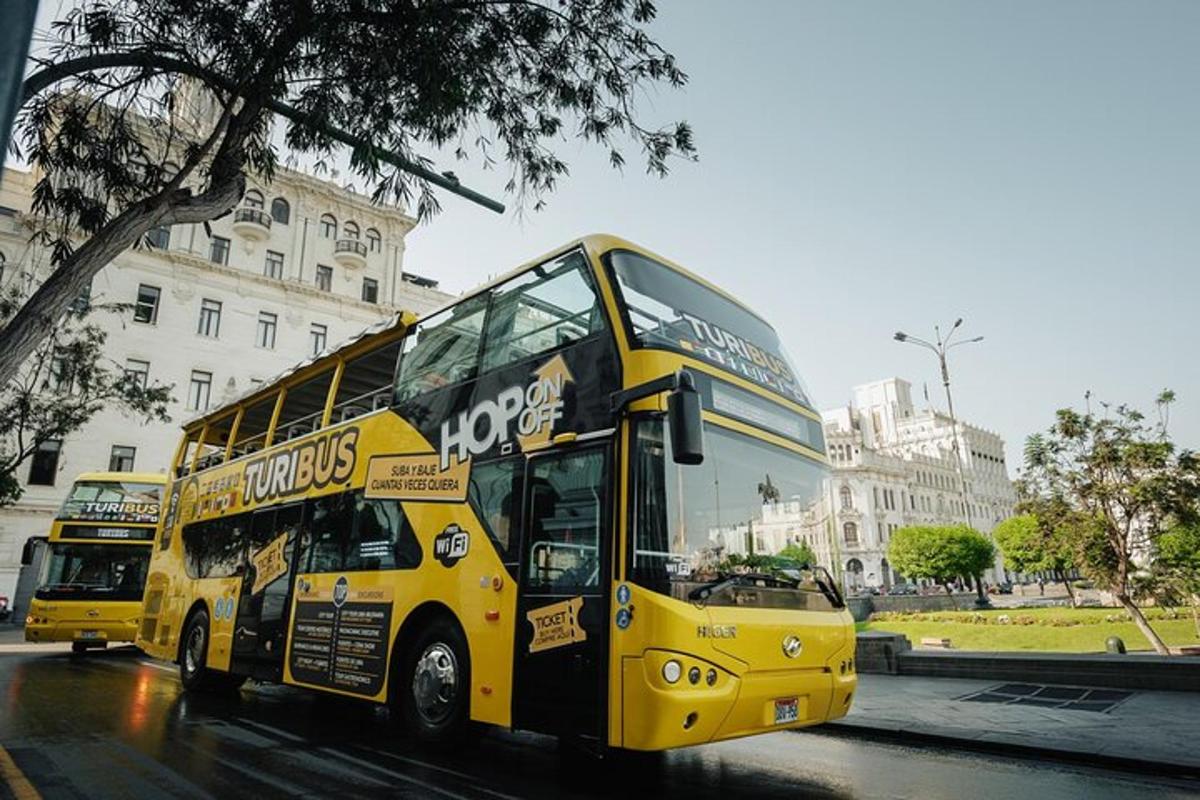 bas dua tingkat kuning memandu di sebatang jalan