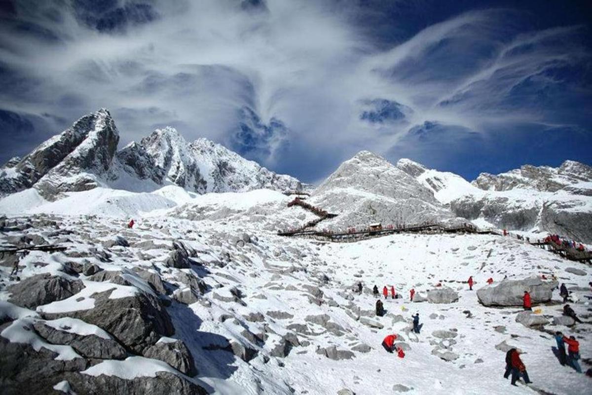 a group of people standing on a snow covered mountain