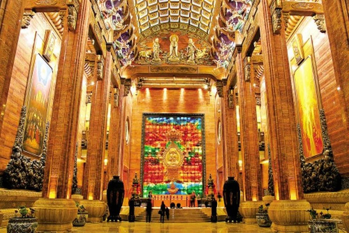 a large lobby with a christmas display in a building