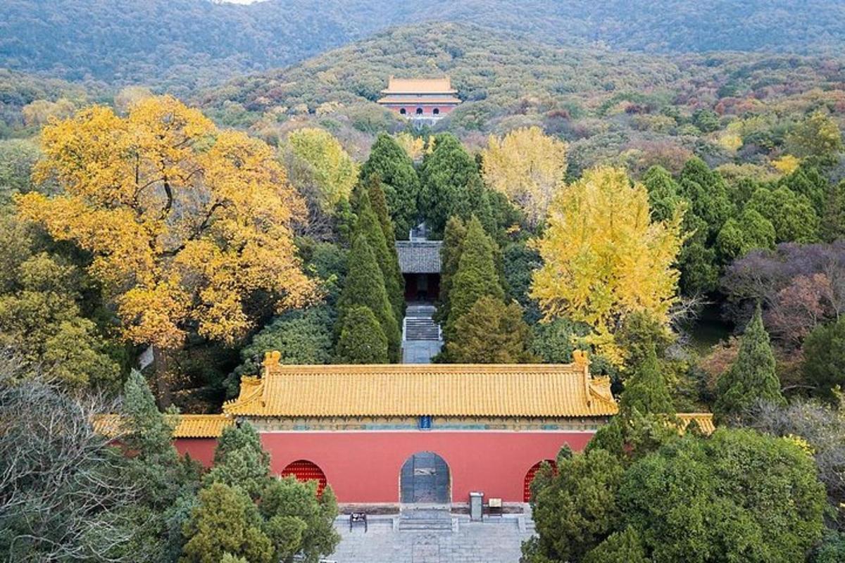 a red building in the middle of a forest of trees