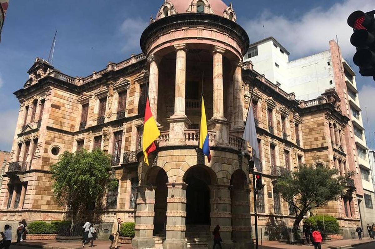 a building with flags in front of it