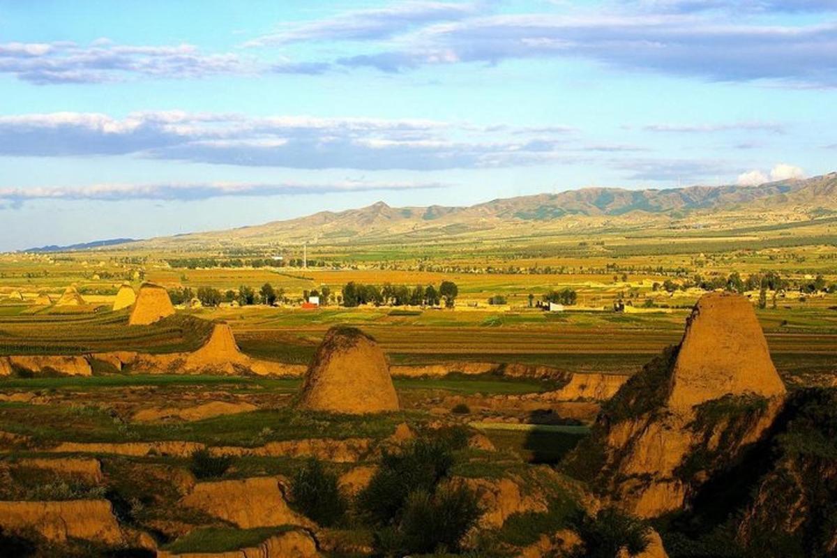 a view of a field with hay mounds and mountains