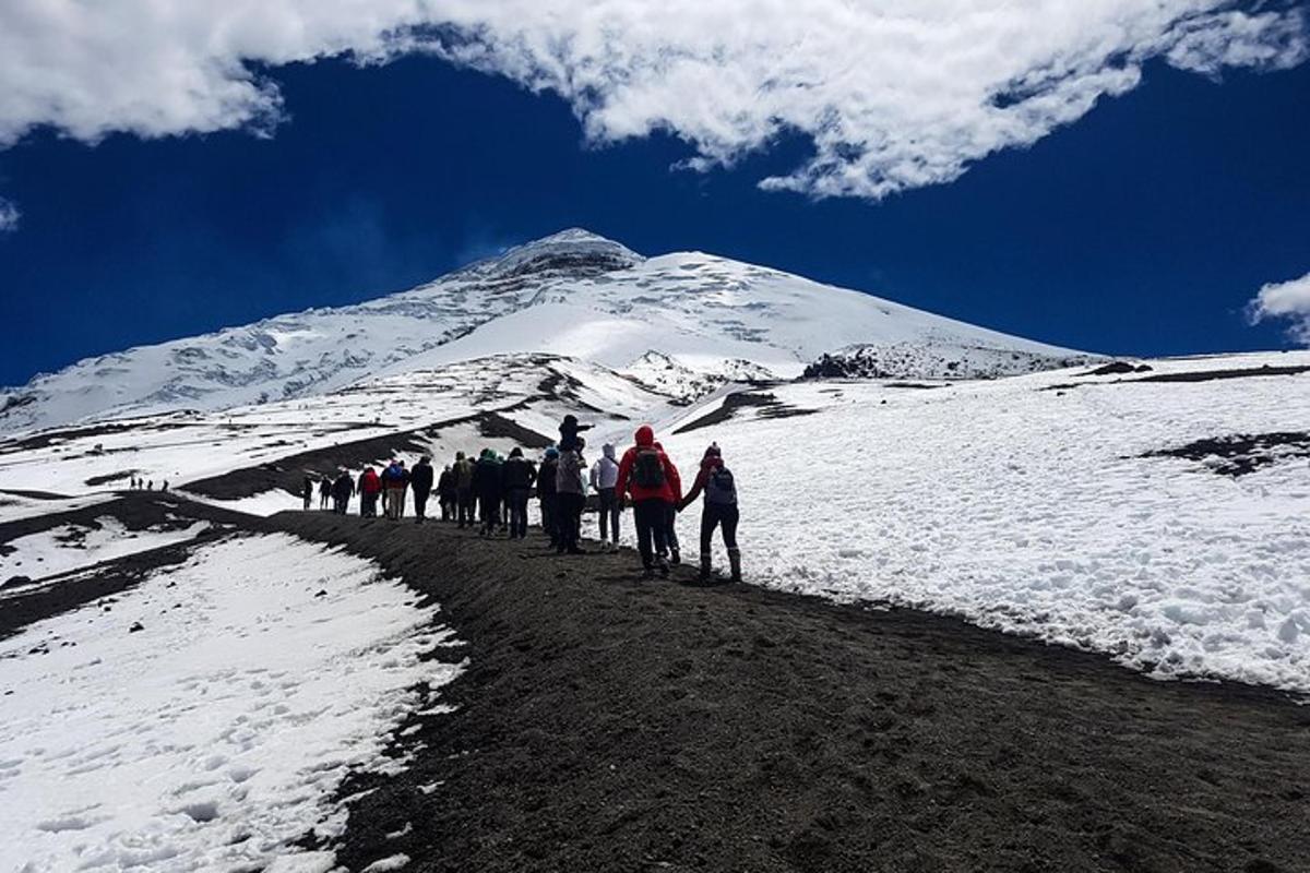 a group of people walking on a snow covered mountain