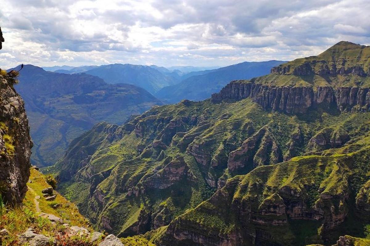 uma vista de um cânion com montanhas ao fundo