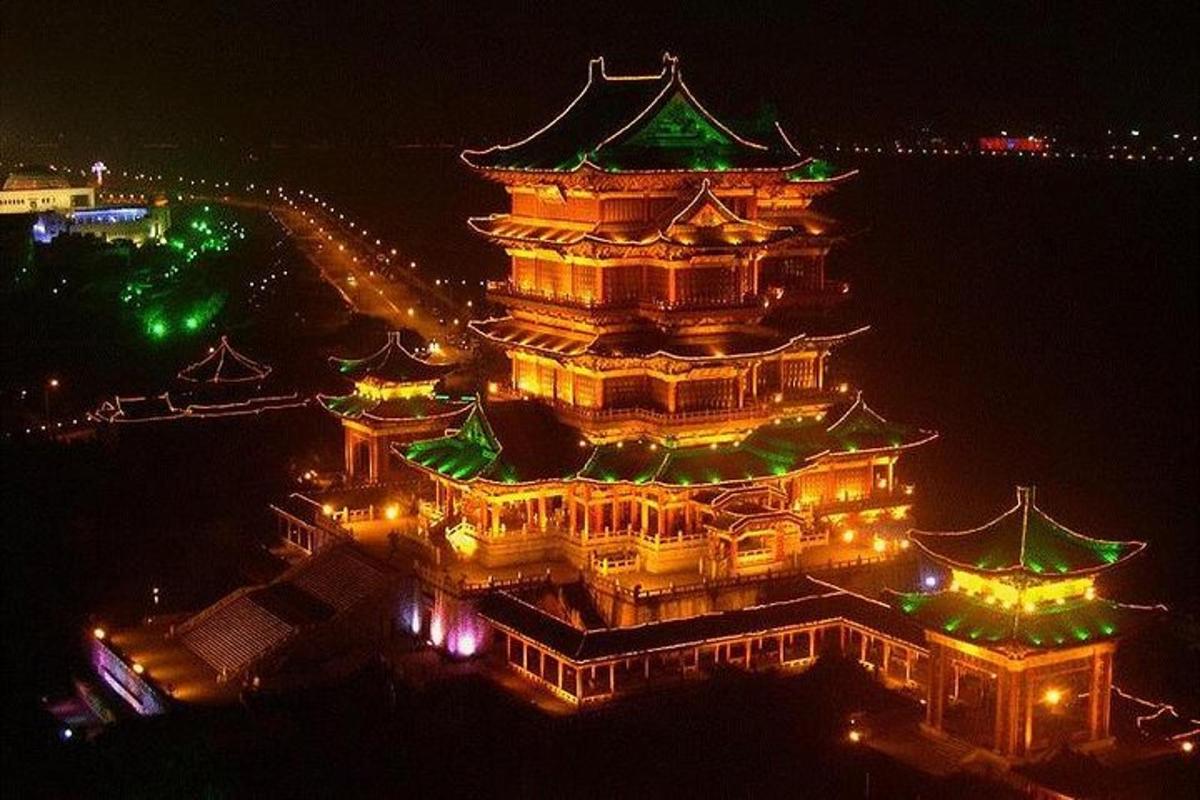 a large building lit up at night