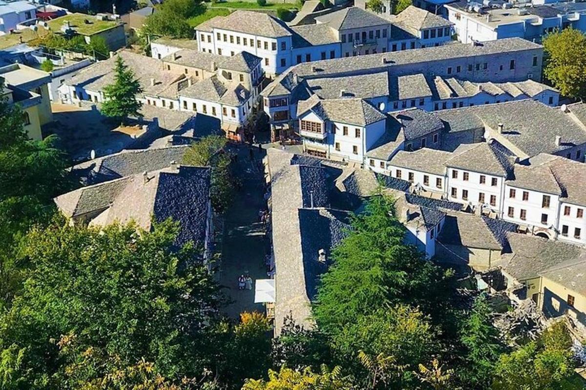 uma vista aérea de uma cidade com casas e árvores