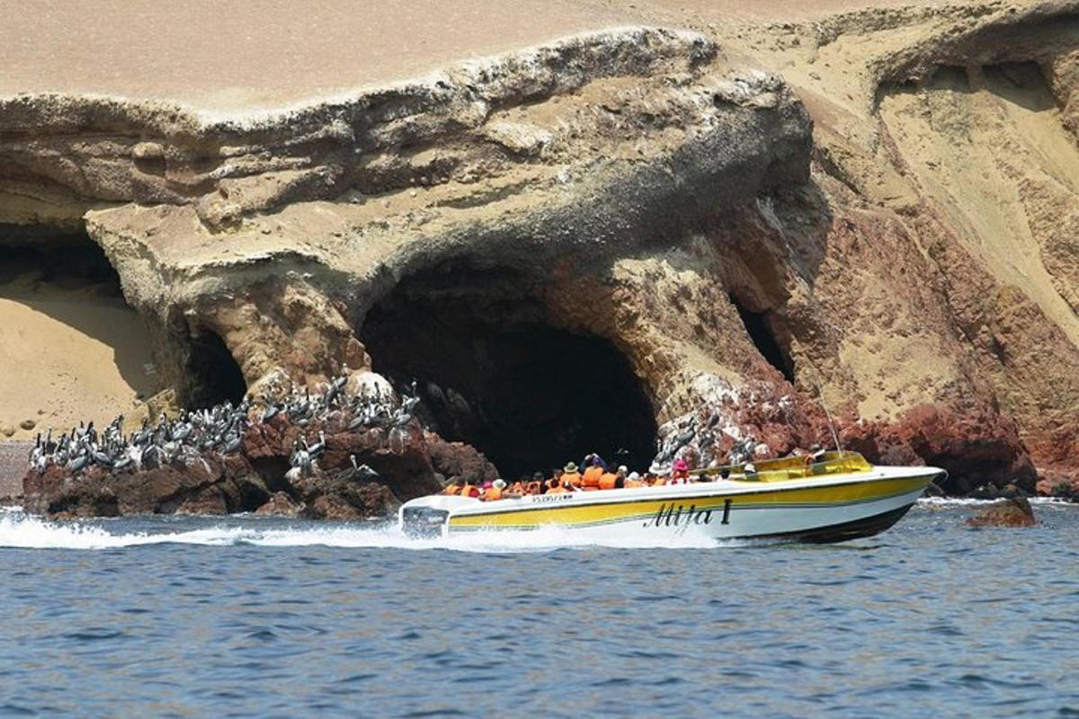 um grupo de pessoas em um barco em frente a uma caverna