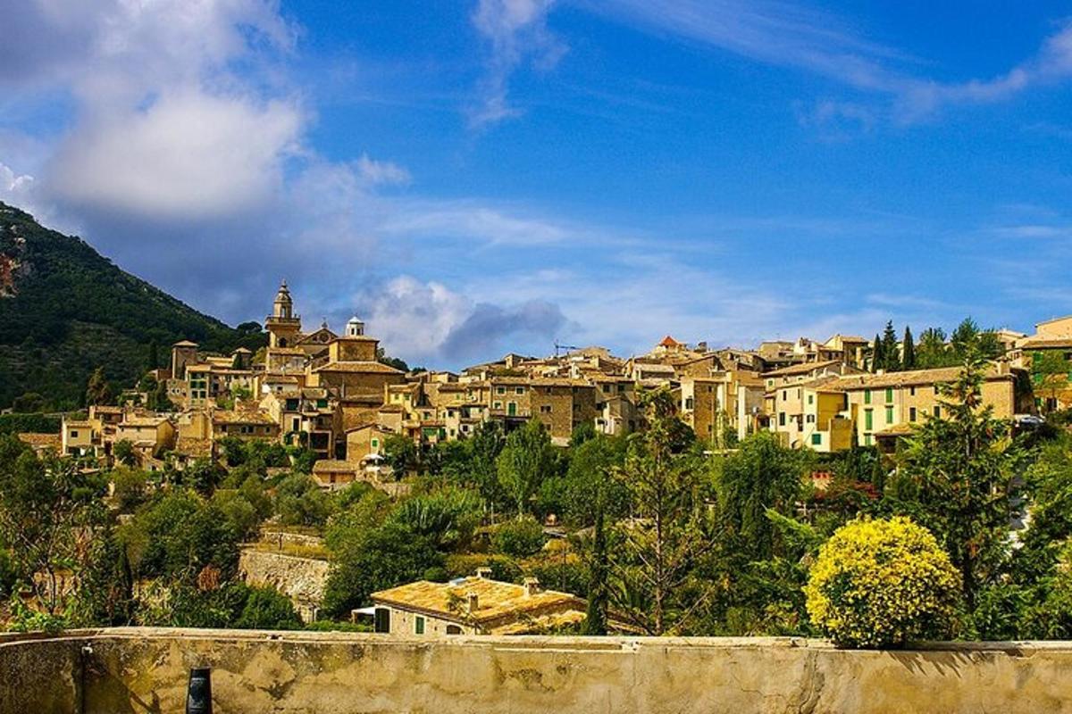 un gruppo di case su una collina con una città