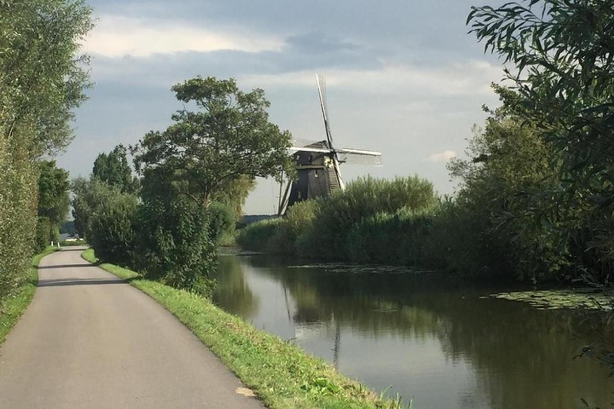 un mulino a vento in mezzo a un fiume con una strada