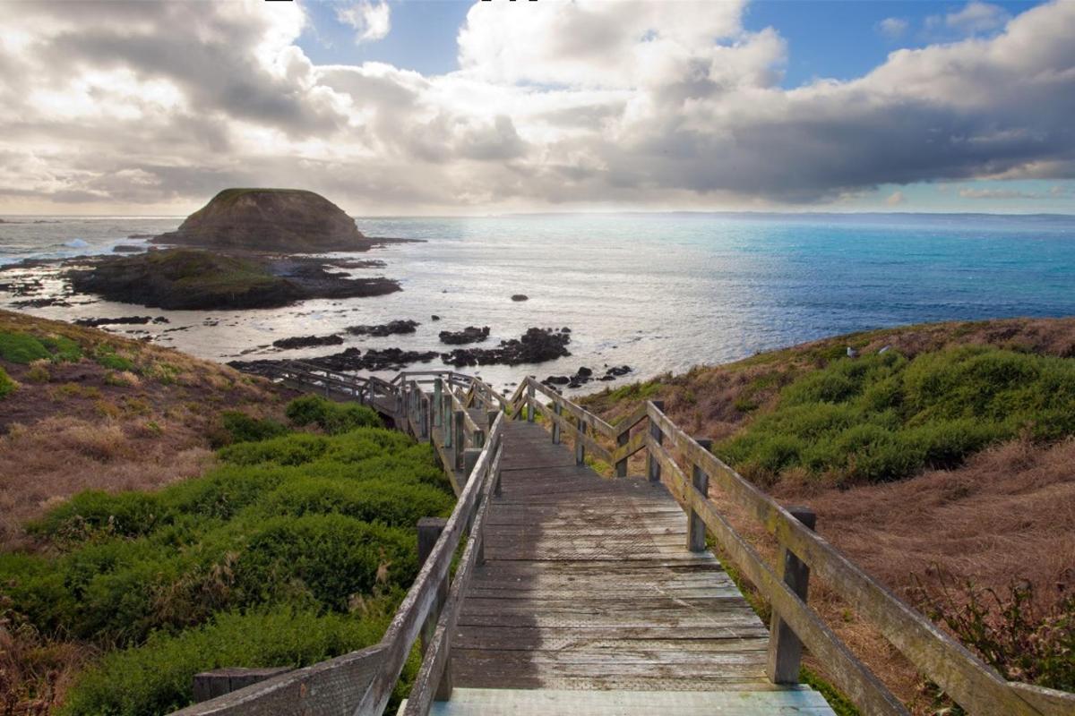 eine Holztreppe, die hinunter zum Meer mit einem Hügel führt