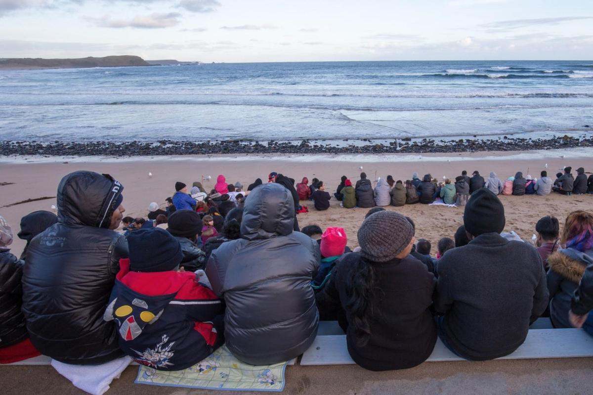 un grup de persones assegudes a la platja mirant l'oceà