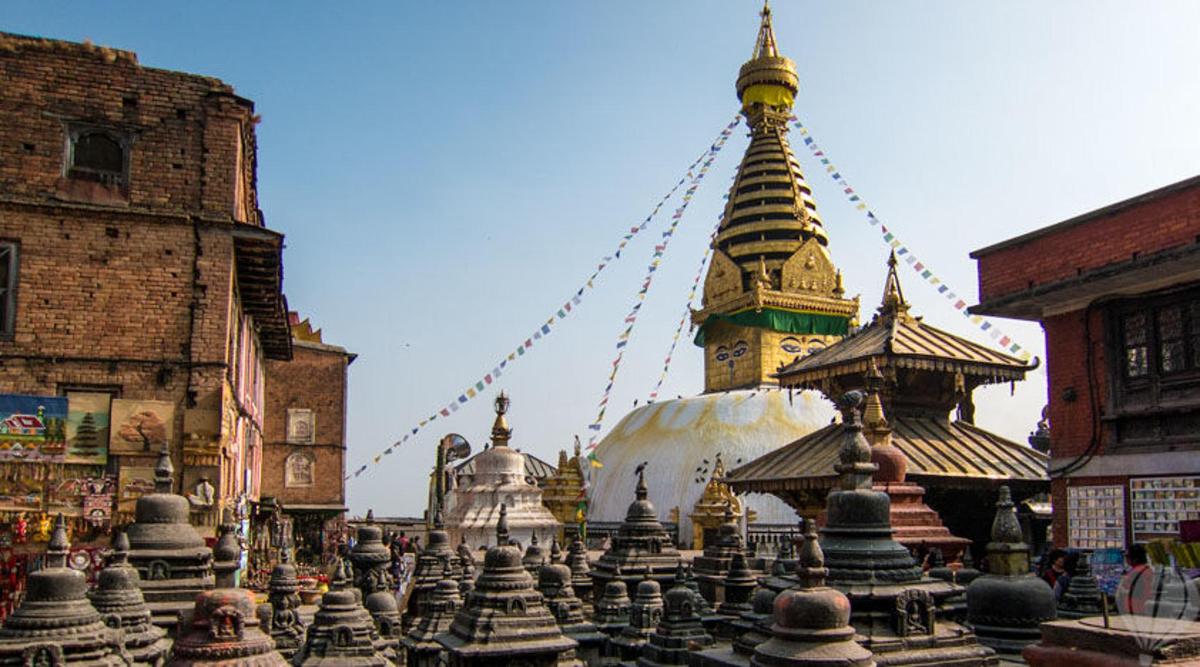Un grupo de pagodas en una ciudad con