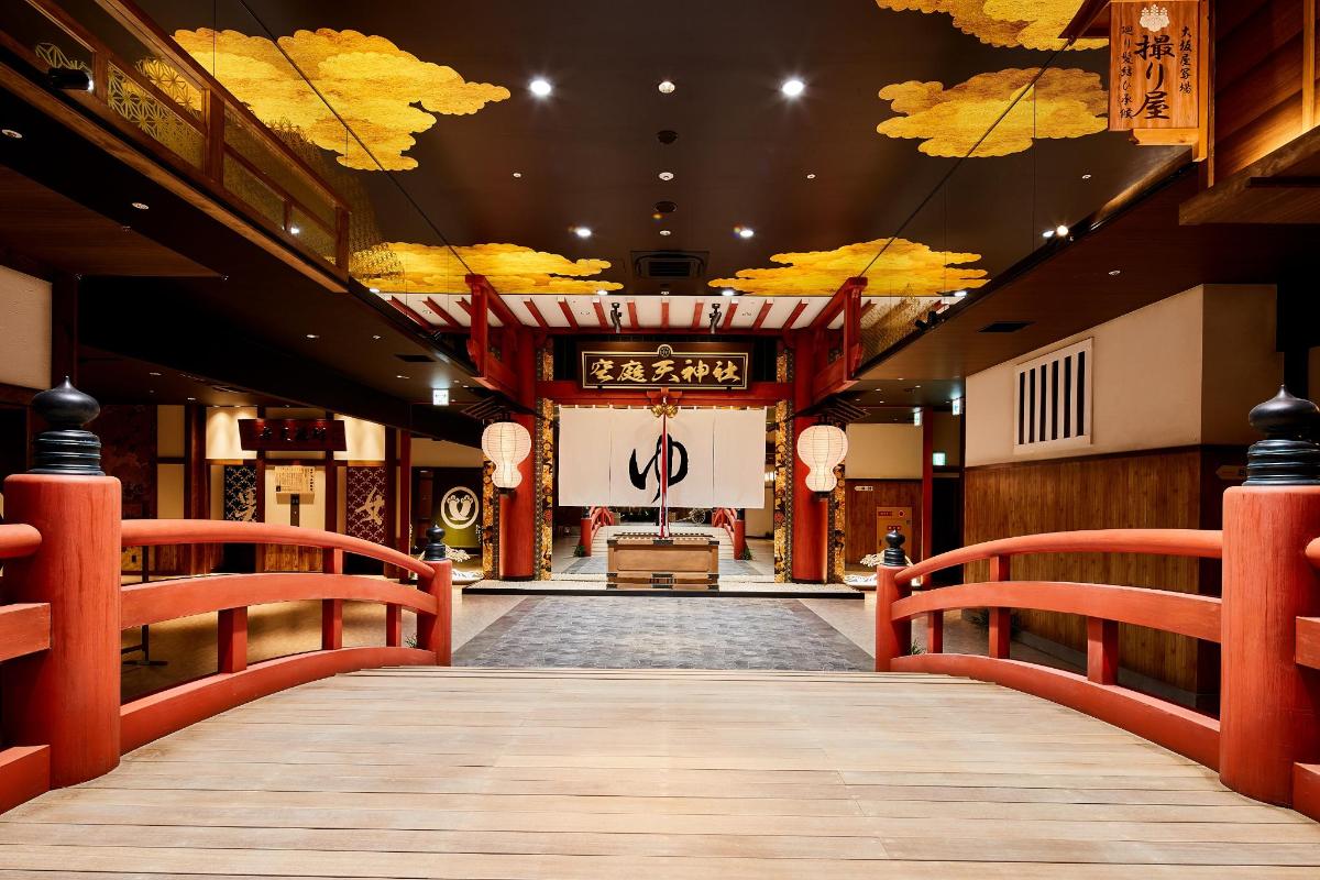 a hallway with a stage in a building