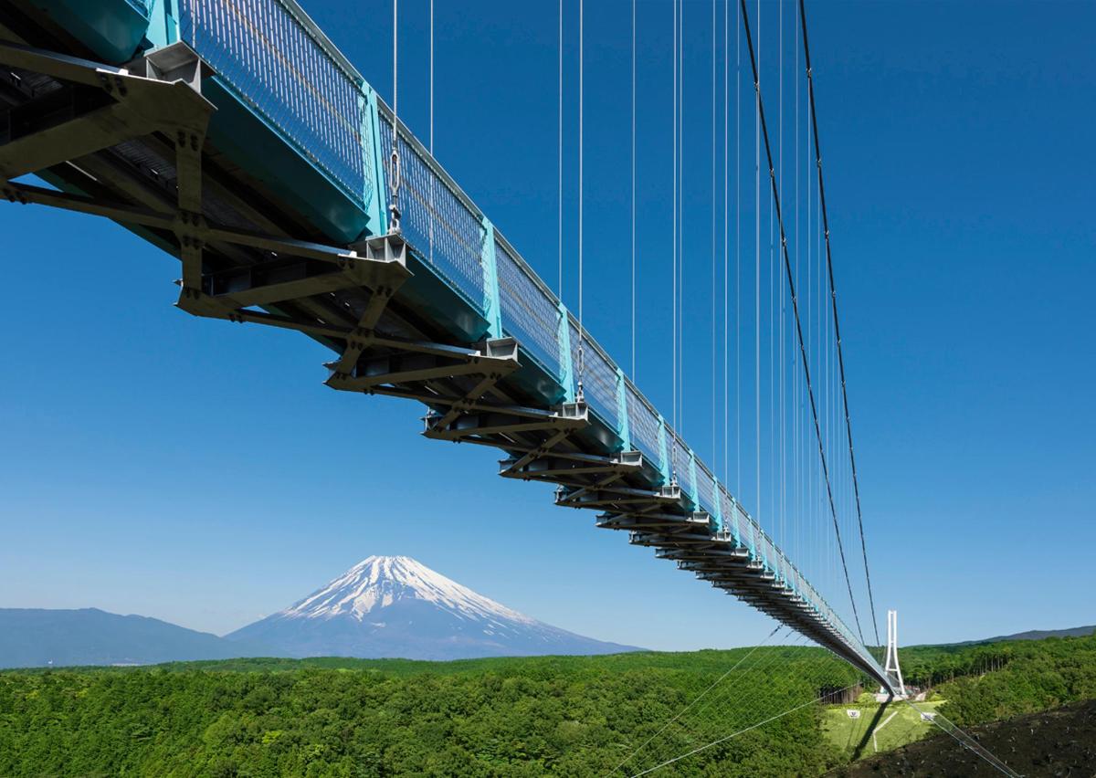a suspension bridge with a mountain in the background