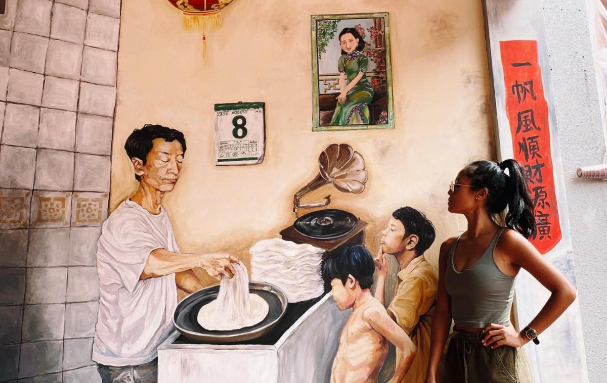 a painting of a family standing next to a bed