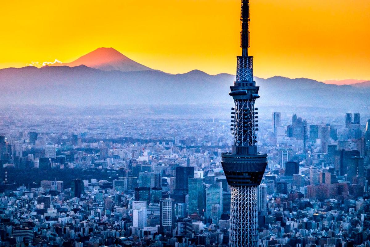 a view of the tokyo tower with mountains in the background