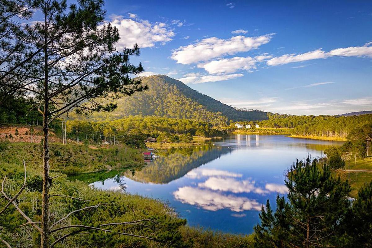 uma vista de um lago com uma montanha ao fundo