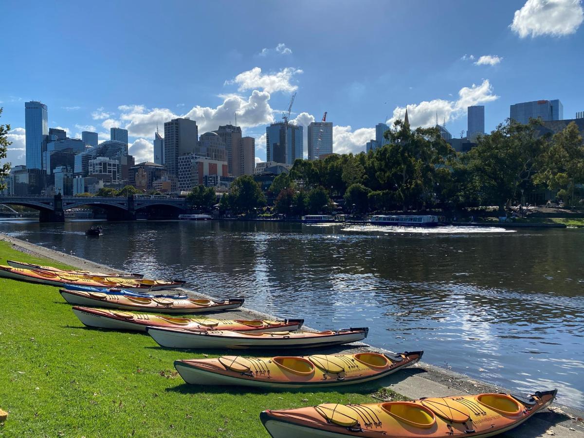 Una fila de canoas sentadas en el césped junto a un río.