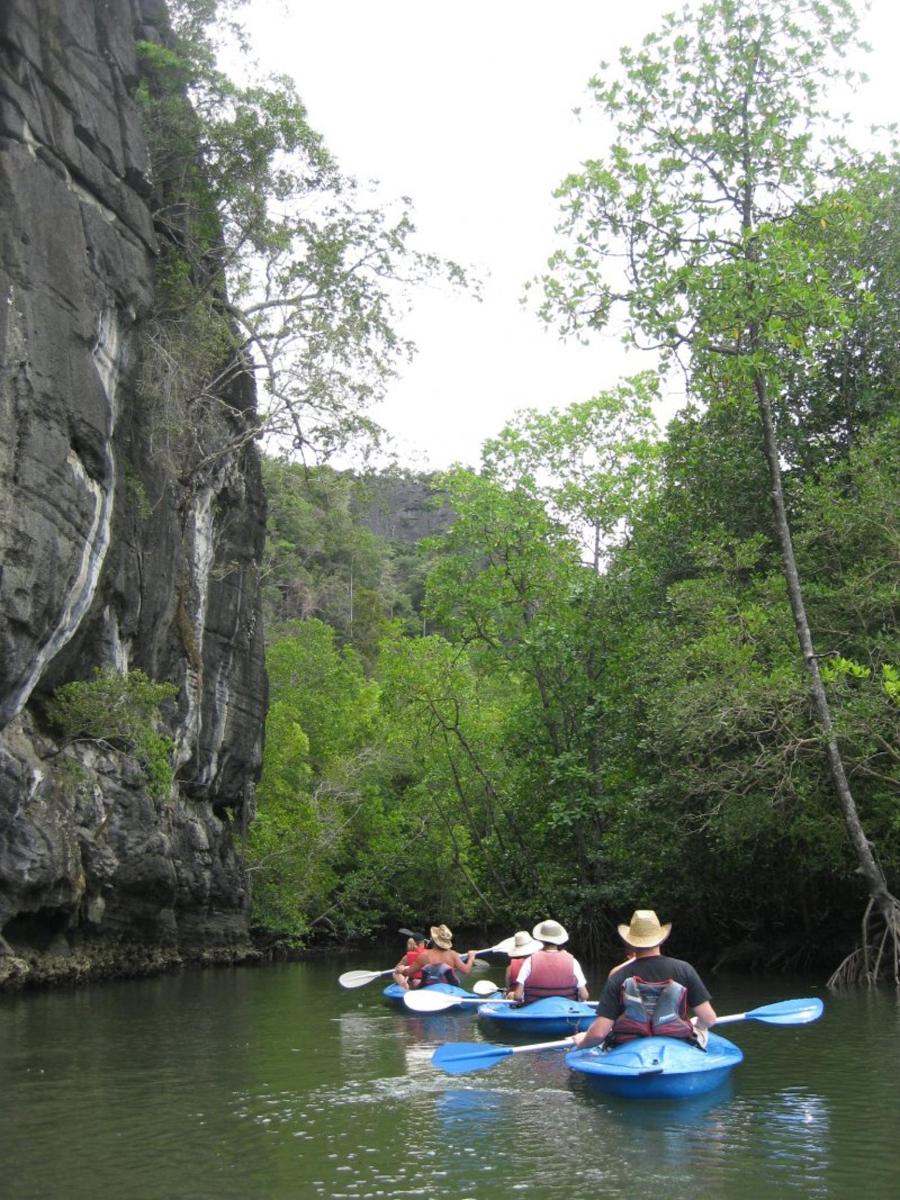 một nhóm người đang chèo thuyền kayak trên sông
