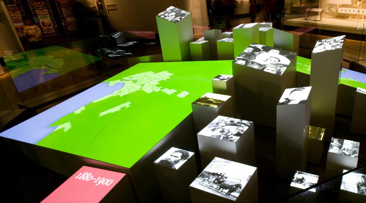 a green table with black and white photographs on it