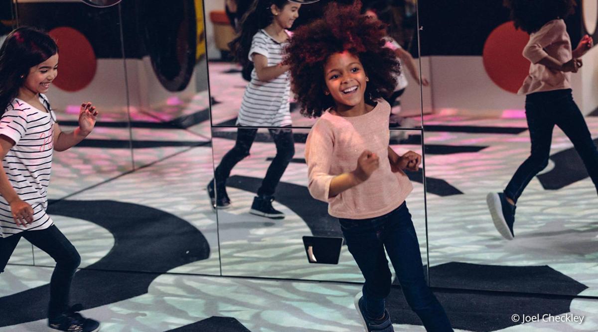 three pictures of a little girl running in a room