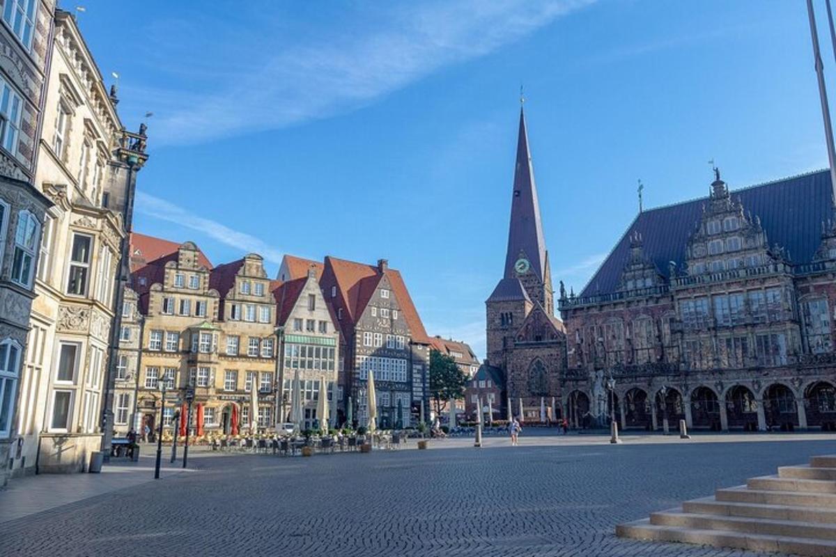 a city street with many buildings and a church