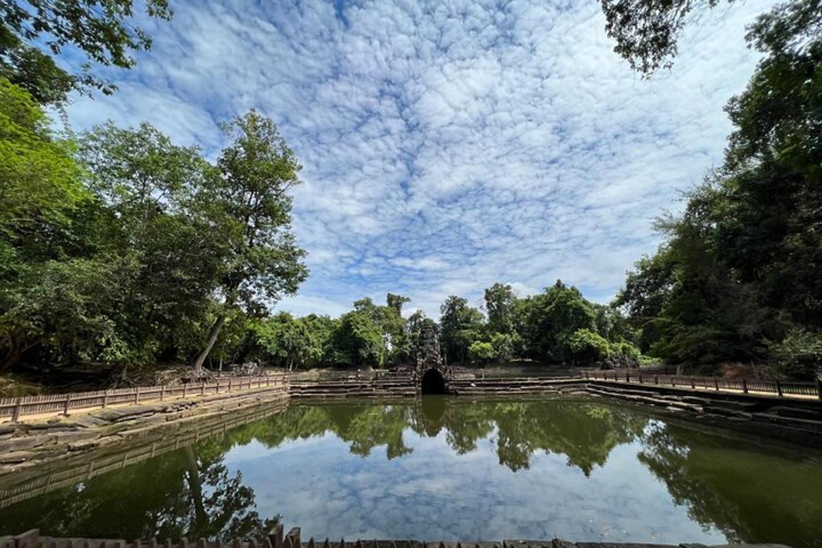 a pond in a park with trees and a cloudy sky