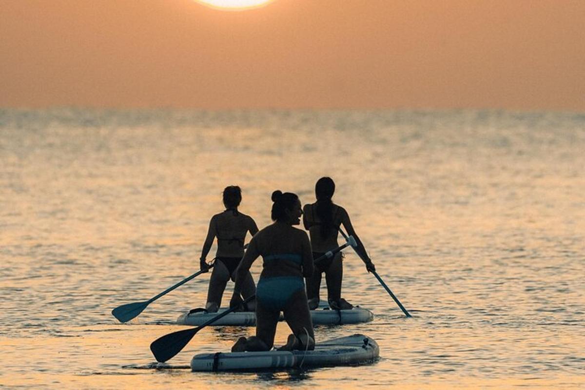 a group of people on a paddle board in the ocean