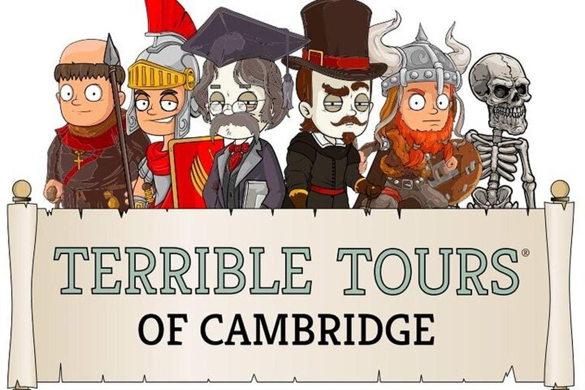 isang grupo ng mga tao na may hawak na karatula na nagbabasa ng mga kakila-kilabot na paglilibot sa cambridge
