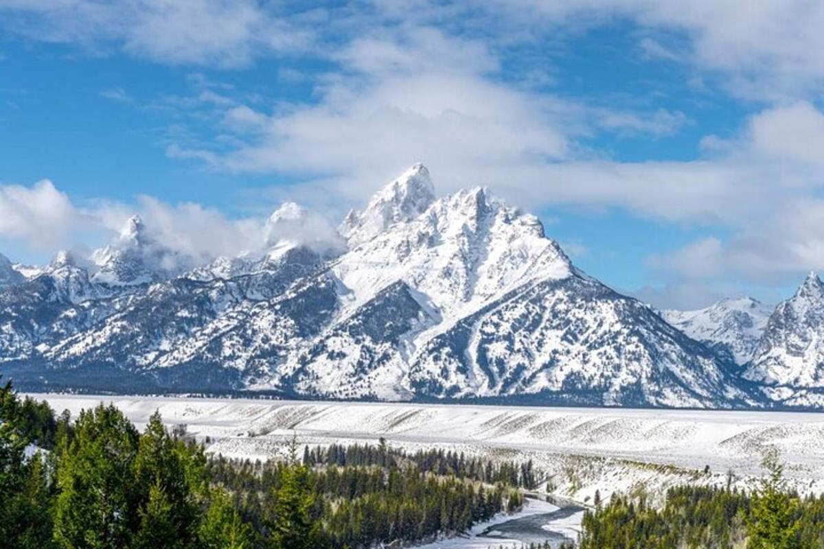 Una montaña cubierta de nieve con árboles delante.