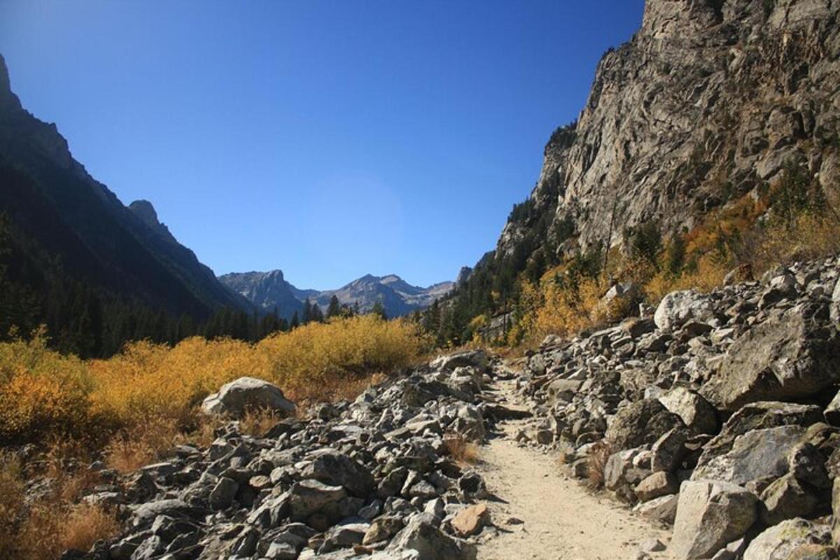 Un camino rocoso en una montaña con montañas al fondo.