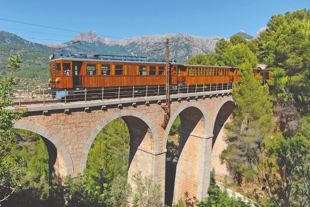 an orange train on a bridge over a mountain