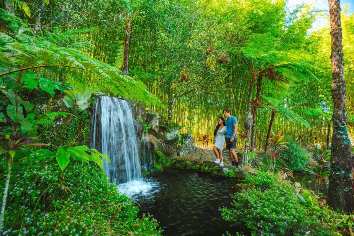 a man and a woman standing in front of a waterfall