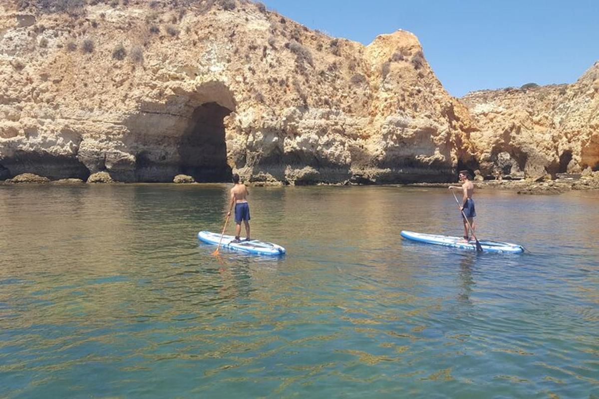 dos homes estan drets sobre taules de surf a l'aigua
