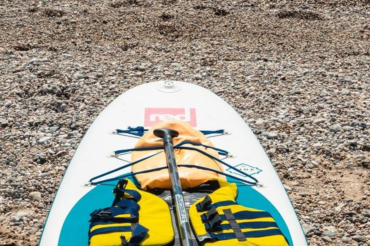 una tavola da paddle su una spiaggia rocciosa con una mano sopra