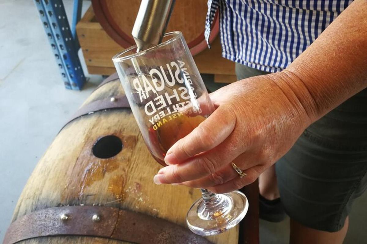 una persona che tiene un bicchiere di vino sopra una botte