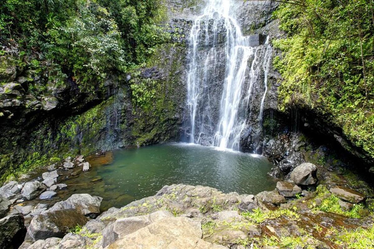 una cascata con una pozza d'acqua di fronte